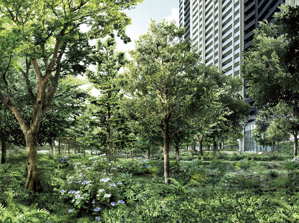 Features of the building.  [Exterior CG overlooking than Garden] Lush greenery and waterside landscape that spread at the feet of the Tower. About 46% of the total development area of ​​up to about 3.2ha and vast green space, Planting a wide variety of trees of about 2200 present on site. It creates a rich green that I do not think Tokyo Station 5km area.