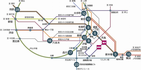 Transportation time required diagram (time required from Toyosu Shin Toyosu Station)