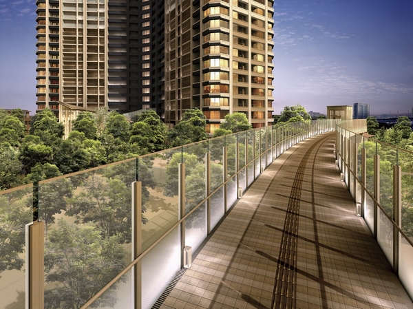 Pedestrian deck Rendering CG. Safe and comfortable approach that follows from "Shin Toyosu" station to the apartment. It will be a way back to be wrapped in mind the natural landscape to be healed
