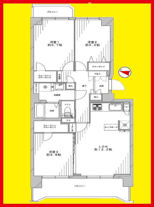 Floor plan. 3LDK, Price 29,800,000 yen, Occupied area 71.13 sq m , Balcony area 12.92 sq m