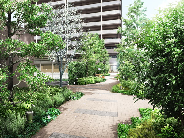 Shared facilities.  [Incorporating the lush greenery and water, Landscape design] North Canal, East and south facing the road, Three-way corner lot. Taking advantage of this site shape, Create an open space. Bright stage, Canal stage, Two buildings of a residential building and laid out in parallel, While securing a sufficient space between the residential building, It was connected by green promenade which arranged the green planting. (Green Promenade Rendering CG)