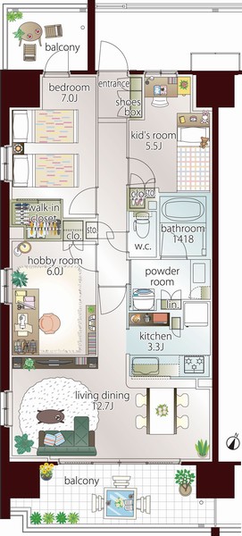 A type furniture arrangement example (furniture, etc. are not included in the price. A type ・ 3LDK + WIC Occupied area / 74.93 sq m  Balcony area / 17.60 sq m