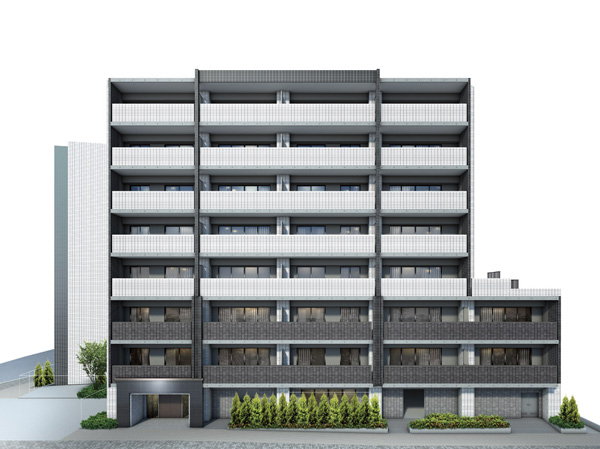 Shared facilities.  [Suitable for the coming Tokyo, Advanced design] Stylish exterior design with a white and dark gray to keynote. To the appropriate urban and sophisticated beauty this city to express, Create a new landscape. (Exterior - Rendering / In fact a somewhat different in the things that caused draw based on the drawings of the planning stage. It should be noted, Planting does not indicate the status of a particular season. or, Tree species planted in the site, About the size has become a undetermined, At the time of completion, It is about Rendering does not grow. Around the building has been omitted)