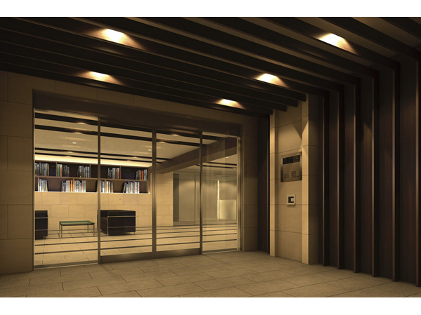 Buildings and facilities. Woodgrain of the material, Heal the mind forget the lively physicians outside, Entrance hall. Of natural stone tone that was used for the floor and wall material will produce a chic space. (Entrance Hall Rendering / In fact a somewhat different in the things that caused draw based on the drawings of the planning stage)