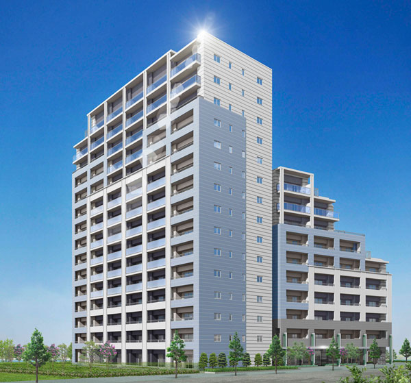 Shared facilities.  [Play sky and green, To the envy of the mansion] Exit the flat, tree-lined street from the train station, Vivid blue of the sky and the water spread in front of the eye. In harmony with lush trees of green, Residence of accentuate facade design the personality of the mansion. To all of the dwelling unit captures the wind and light, All dwelling units southwest to produce a bright and airy ・ It was realized the southeast of the land plan. Chosen mansion, How far it is also being held followed by the sky and the rich natural, As a symbol of the city that also is envy to Tokyo, Now, It will be born in this chosen land. (Exterior view)