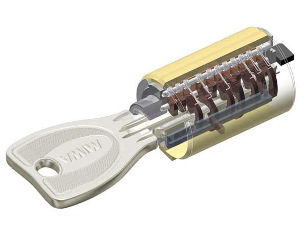 Security.  [Progressive cylinder key] It has adopted a progressive cylinder key, which boasts a high level of security in the entrance door. The two-way structure of the contact surface is different from the main tumbler and side tumbler of a key, Theory key differences is 100 billion ways. further, Resistant to drill attack in the adoption of high hardness parts, Replicated because the position of the dimples of the key is complex it is also difficult. Also, By combining a double lock to install the key to the two units at the top and bottom of the door handle, It greatly enhances the crime prevention. (Conceptual diagram)