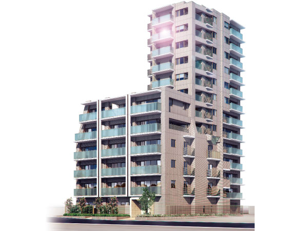 Shared facilities.  [To create a delicate look, High-quality materials] Silhouette of <Grand-Suite Minamisuna> with its own beauty by the two-building configuration. And the soft texture of the ground color of the tile of calm, In contrast with the glass handrail which sunlight is sparkling, Directing the warmth as the presence and residence as a building. Beautifully refined appearance is, Leading to a higher quality landscape of the city of Minamisuna 4-chome also in harmony with the surrounding. (Exterior view)