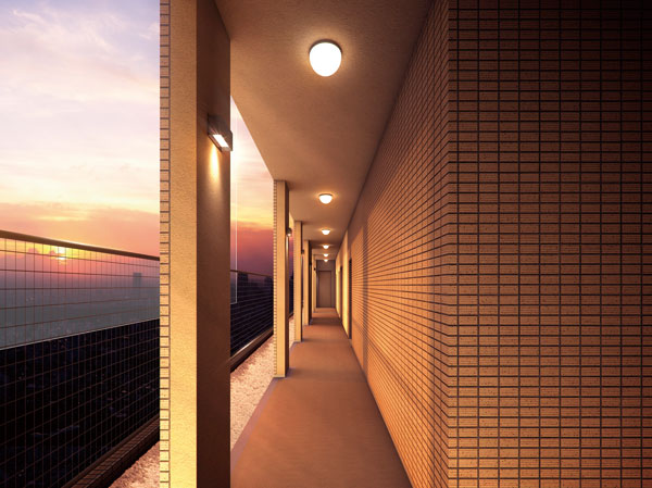 Shared facilities.  [Open corridor that is wrapped in a gentle light] It was placed on the west side of the first floor north building is, Open corridor to produce a graceful approach space. Insert the sunshine filtering through foliage during the day, By illuminating gently bracket lighting from the evening, Create the villa atmosphere to stay like on vacation. (Open corridor Rendering)