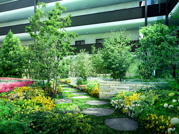 Buildings and facilities. Courtyard of more than 100 sq m "Forest Garden". And Stonewall followed from entrance, The small diameter of the stepping stone which passes through the inside of the grove. further, A combination of evergreen shrubs and deciduous shrubs, It was realized the rich light and change landscape. Scandal from the outside, Courtyard live only person who is able to get. Calm and people, Nurture and. Continue to aging Yuka with family, It is the lush greenery of the property. (Forest Garden Rendering CG)