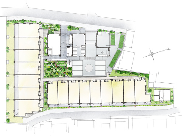 Buildings and facilities. Landscape design that take advantage of the breadth of the site area. Taking advantage of this blessed condition, The ground 5-story feel the wide sky ・ The low-rise mansion of three buildings structure we have created. Only the private garden who live, including the courtyard of about 100 sq m, Green zone to blend into the landscape of the city, such as, Live to cherish the changing of the seasons I feel the flow of time, We designed the A New luxury of urban space. (Site layout)