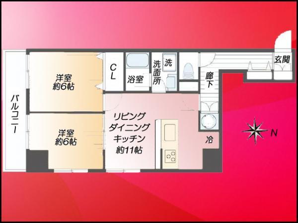 Floor plan. 2LDK, Price 19,800,000 yen, Occupied area 54.46 sq m , Balcony area 6.05 sq m