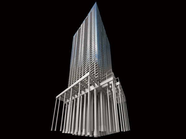 Building structure.  [Pouring a solid ground and this foundation pile 118] A strong building development in earthquake, It is important to support the ground a robust stratum. About underground in the same property 44m deeper, The N value more than 60 of Tokyo gravel layer, We are supporting the ground. Also, Fine sand ・ The earth drill method to the gravel layer, Pile-diameter shaft portion about 1000mm ~ A pile of 2400mm has devoted 118 this. (Structure conceptual diagram)  ※ 拡底 diameter of 拡底 pile is about 1400mm ~ 4100mm.