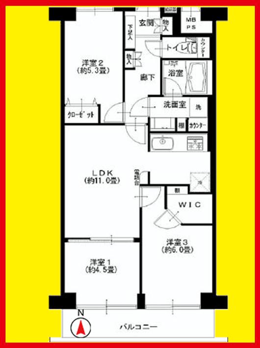 Floor plan. 3LDK, Price 28,900,000 yen, Footprint 61.6 sq m , Balcony area 6.72 sq m