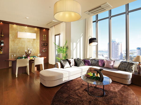 Living.  [living ・ dining] Living of 31 floor premium plan ・ Dining is a maximum ceiling height of about 3m. Sense of quality is the charm of a dynamic view and specifications. (Interior photos of the following publication is, Building in the model room 110B31 type (31 floor) December 2012 shooting)
