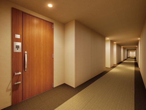 Features of the building.  [Inner hallway] The inner corridor hotel like to comfortably escort the people you live. An inner hallway format adopted, By design without the dwelling of the window facing the common portion, Privacy of, Has been improved crime prevention. Unlike the outside corridor, Not suffer from the wind and rain, As home entrance before a comfortable space, You can use. (Inner corridor Rendering CG)