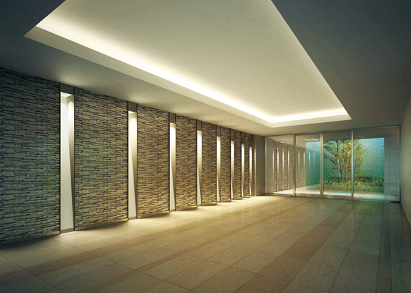 Shared facilities.  [Entrance hall] High-quality space invite you to the back and enter the entrance. Unified in calm tones, Along with the green of Tsuboniwa, We aspire to sophisticated space connecting the outside and the inside slowly. Also, By highlighted by a vertical line that shines on the wall with texture, It was aimed at production of moisture, such as a waterfall engender flowing through the rock walls. The moment you enter the entrance hall, It will be felt the comfort that is wrapped in calm air. (Rendering)