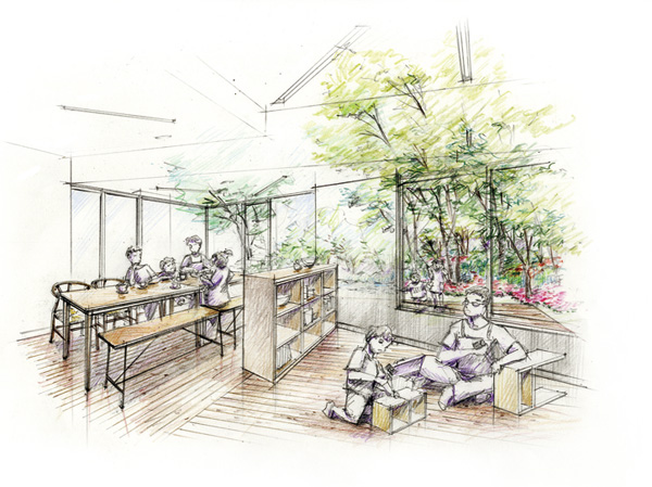 Shared facilities.  [Atelier] It has established a studio in consideration for sound insulation in the building. Since also has tools and sink is also a hobby, such as hard do-it-yourself and woodworking is in the dwelling unit, You can enjoy without hesitation. Also, You can take advantage of a wide range of such small events and club activities. Take a large window towards the garden, The outside is a bright and airy space that leads in the wood deck. (Royalty-free) (Rendering) ※ Listings illustration is actually a little different in what caused draw based on the drawings.