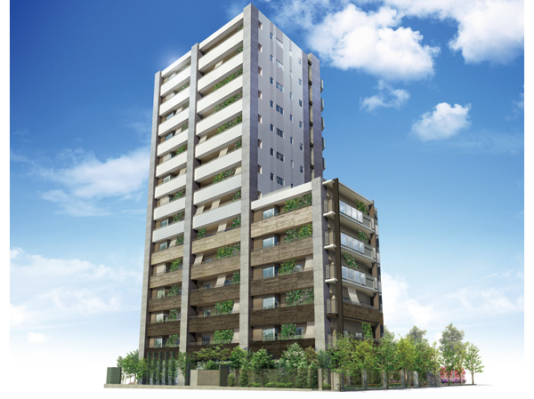 Buildings and facilities. Reinforced concrete 14-storey. Landscape has been planned on the basis of the "Koto green ordinance". Planted 栽計 picture of a green roof and on-site gives a comfort to those who live, Also in harmony with the surrounding cityscape. (Exterior view)