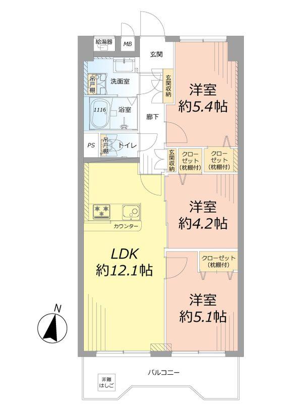 Floor plan. 3LDK, Price 26,980,000 yen, Footprint 61.6 sq m , Balcony area 7.89 sq m south-facing balcony