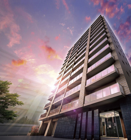 Buildings and facilities. In the quality of the environment to put the moderately distance from the hustle and bustle of the city, All units south-facing Residence "Plessis Kiba park season Place" birth filled to relax. (Exterior - Rendering /  ※ Which was raised drawn based on drawing, In fact a slightly different.  ※ Around building, Facilities and the like, we have omitted.  ※ It should be noted, Planting does not indicate the status of a particular season. or, Tree species of planting, About the size has become a undetermined, It does not grow to about Rendering at the time of completion)