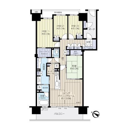 Floor plan. 4LDK, Price 56,800,000 yen, Footprint 106.01 sq m , Balcony area 15.84 sq m 106.01 sq m of ventilation good view bus type  ・ 4LDK plan