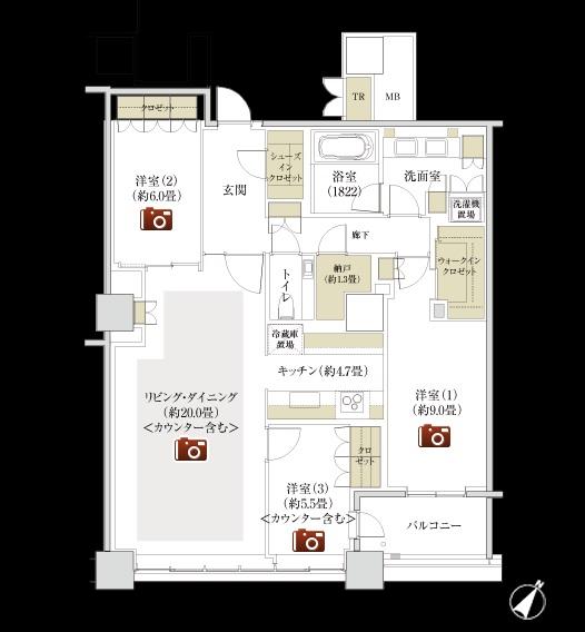 Floor plan. 3LDK + S (storeroom), Price 150 million yen, Footprint 115.51 sq m , Balcony area 6.6 sq m top floor 33 floor, 110 sq m more than the premium plan. A living-dining ceiling height: about 3.3m Trunk room area: including 1.18 sq m (about 0.35 square meters) Balcony area: 6.60 sq m (about 1.99 square meters)