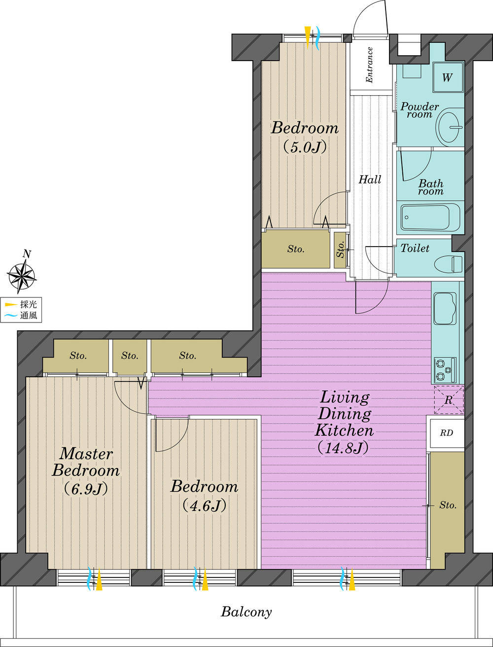 Floor plan. 3LDK, Price 25,800,000 yen, Occupied area 73.97 sq m , Balcony area 12.35 sq m south-facing About 9.5m wide span balcony