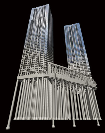 Building structure.  [Solid ground and foundation pile, Pouring the 117 pieces of pile] A strong building development in the <ground> earthquake, It is important to support the ground a robust stratum. "City Towers Toyosu The ・ In twin ", Underground about 45m deeper, The N value more than 60 of the gravel layer, We are supporting the ground to support the building. <Foundation pile> "City Towers Toyosu The ・ In twin ", The earth drill method to the gravel layer, Pile-diameter shaft portion about 1000mm ~ A pile of 2500mm has devoted 117 this. (拡底 diameter of 拡底 pile is about 1400mm ~ 4000mm)