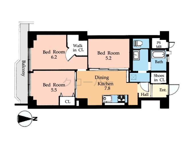 Floor plan. 3DK, Price 22,900,000 yen, Footprint 58.3 sq m , Balcony area 6.44 sq m