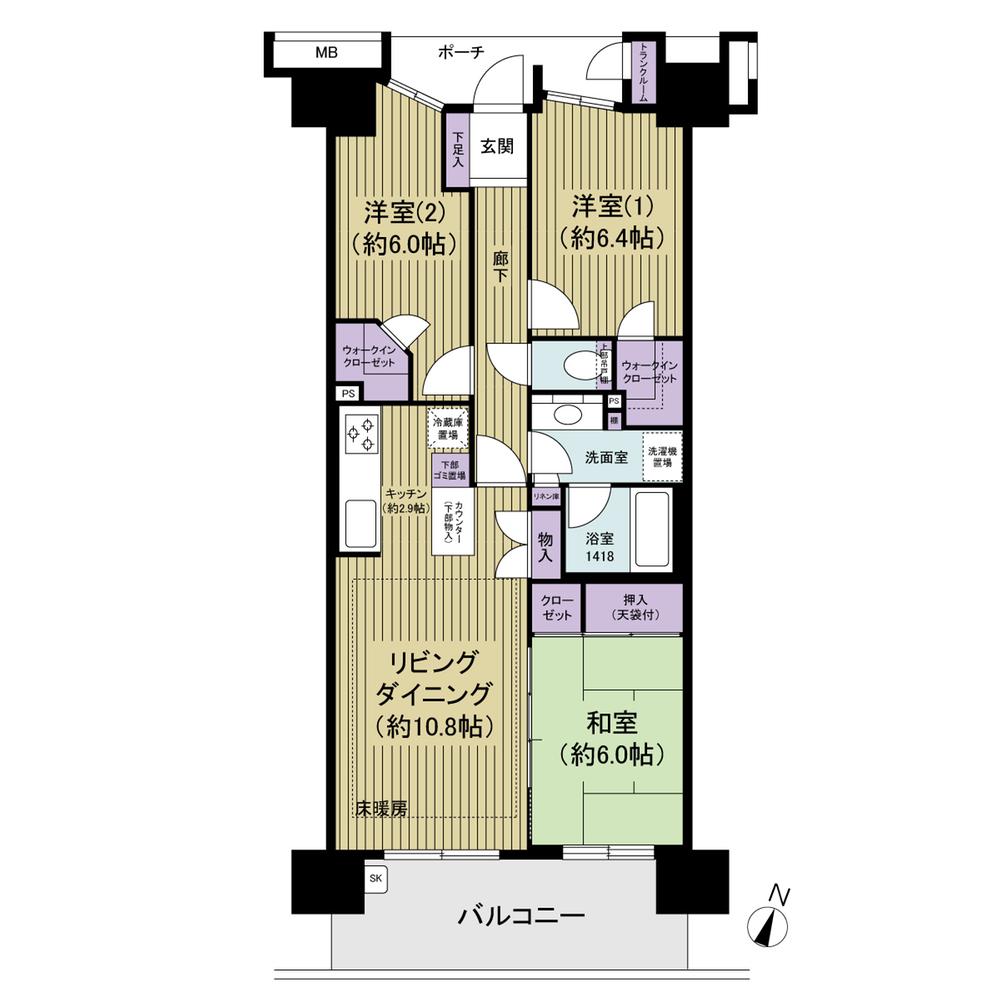 Floor plan. 3LDK, Price 32,800,000 yen, Occupied area 75.43 sq m , Balcony area 11.85 sq m ■ 75.43m2 ■ 3LDK ■ trunk room ■ disposer ■ Floor heating ■ Slop sink ■ Bathroom ventilation dryer ■ 24-hour ventilation