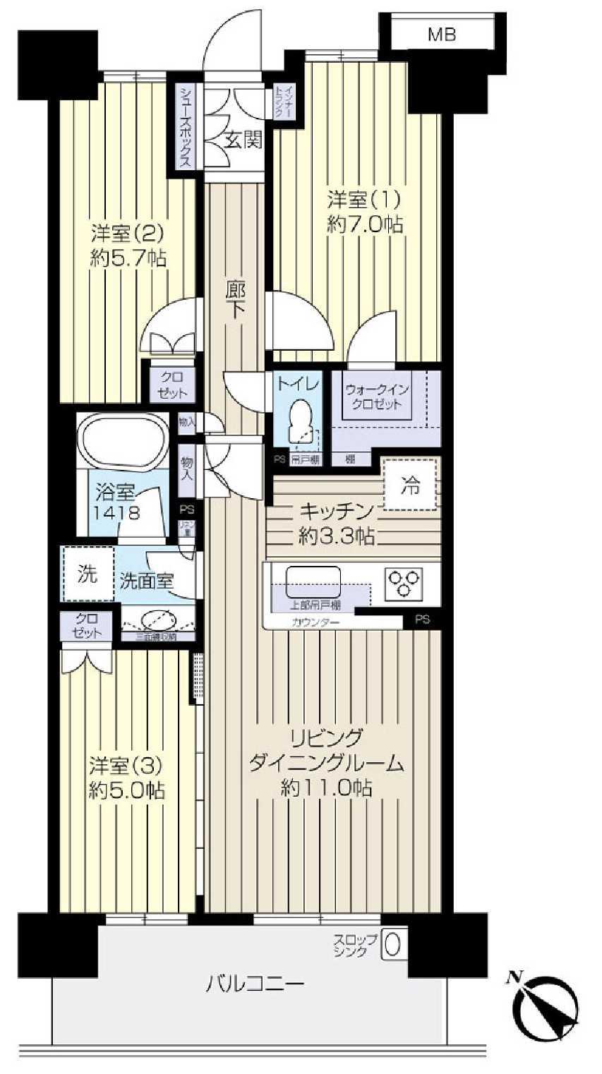 Floor plan. 3LDK, Price 49,800,000 yen, Occupied area 70.24 sq m , Balcony area 11.4 sq m floor plan