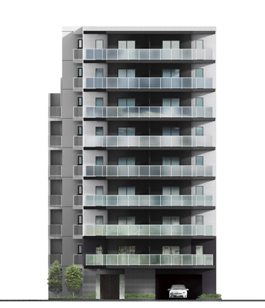 Shared facilities.  [Exterior - Rendering] It was a white to keynote, Modern appearance will portray the new town Jing simple. It begins to brew a bright and airy appearance facade. The balcony railing, Sophisticated glass panel has been adopted (except for some). Dignified private residence wears a design "Plessis Minamisunamachi LUXE", Birth. ( ※ In fact a somewhat different in the things that caused draw based on the drawings.  ※ Planting does not indicate the status of a particular season. Tree species of planting ・ About the size has become a undetermined, It does not grow to about Rendering at the time of completion)