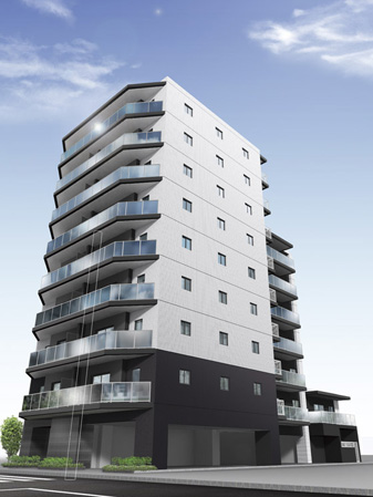 Buildings and facilities. Simple, modern appearance that was the white-toned. The balcony railing, Adopt a sophisticated glass panel (except for some). South-facing center, All 24 Eucommia 23 houses was realized a comfortable plan that corner dwelling unit. (Exterior - Rendering /  ※ In fact a somewhat different in the things that caused draw based on the drawings.  ※ Planting does not indicate the status of a particular season. Tree species of planting ・ About the size has become a undetermined, It does not grow to about Rendering at the time of completion)