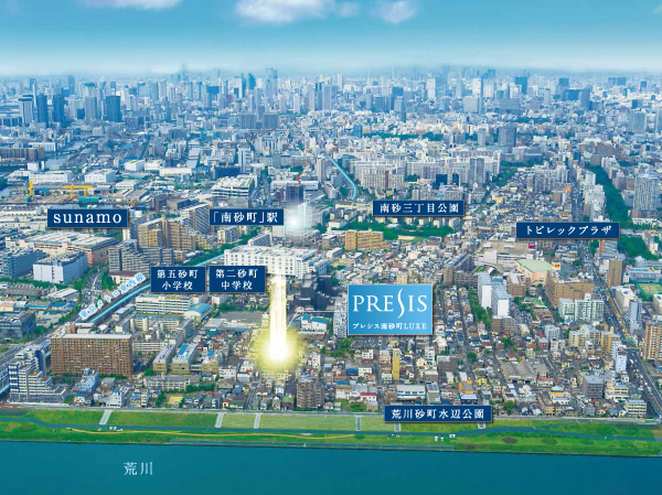 Surrounding environment. Two large shopping mall aligned to 10-minute walk zone, Location refrain from up close the majestic flow and the riverside of the rich green of Arakawa. Tokyo, Nimble footwork to the city spots such as Otemachi. "Plessis Minamisunamachi LUXE" is born in this blessed land. (Which it was subjected to a CG processing in shooting sky of 2013 August shooting, In fact a slightly different. Also, Light representing the position of the local does not indicate the scale and height of the building)