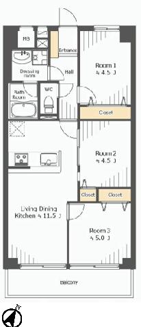 Floor plan. 3LDK, Price 22,800,000 yen, Occupied area 61.04 sq m , Balcony area 7.3 sq m