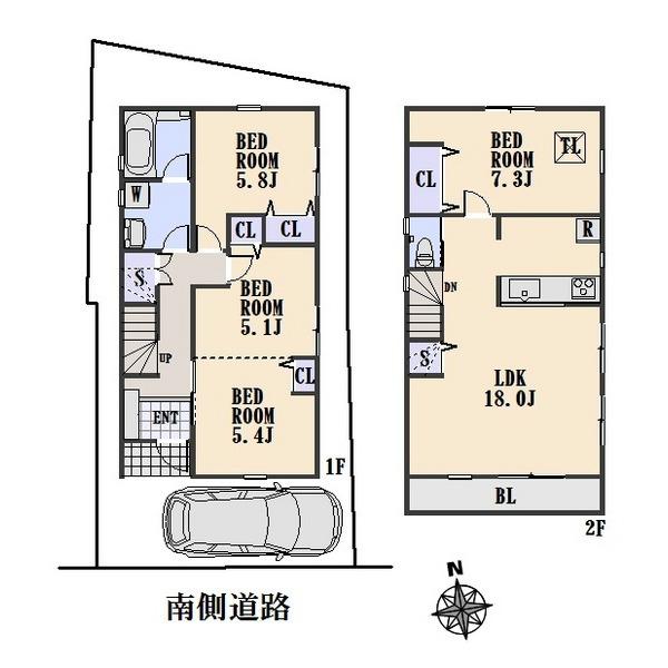 Compartment view + building plan example. Building plan example, Land price 35,300,000 yen, Land area 82.18 sq m , Building price 14.5 million yen, Building area 91.51 sq m