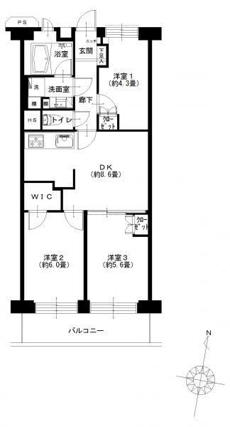 Floor plan. 3DK, Price 26,900,000 yen, Footprint 55 sq m , Balcony area 6.5 sq m