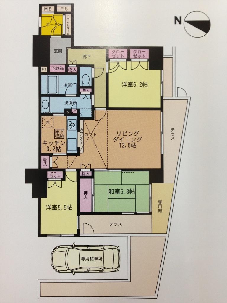 Floor plan. 3LDK, Price 39,800,000 yen, Occupied area 78.73 sq m the first floor of the south-west angle of the room 3LDK 78.73 sq m Pouch 2.25 sq m terrace 12.38 sq m Private garden 4.43 sq m Western style room 6.2 Pledge Western style room 5.5 Pledge Japanese-style room 5.8 Pledge Living dining 12.5 Pledge kitchen 3.2 Pledge