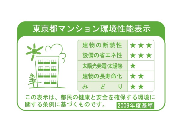 Building structure.  [Tokyo apartment environmental performance display] Large-scale new construction ・ By providing information about the environmental performance of the extension such as the apartment towards the purchase plan, Mansion expansion of choices that are friendly to environment ・ Improvement of evaluation in the market ・ It is a system to encourage the efforts of the owner of the voluntary environmental considerations. "Thermal insulation of buildings.", "Equipment of energy conservation.", "Solar power ・ Solar thermal ", "The life of the building.", About five items of "green", Evaluated by an asterisk (), Displays on the label.  ※ For more information see "Housing term large Dictionary"