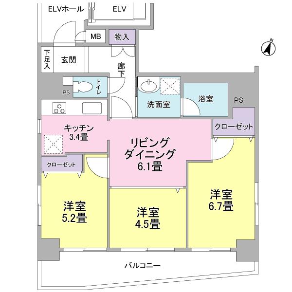 Floor plan. 3DK, Price 34,800,000 yen, Occupied area 62.01 sq m , Balcony area 10.35 sq m