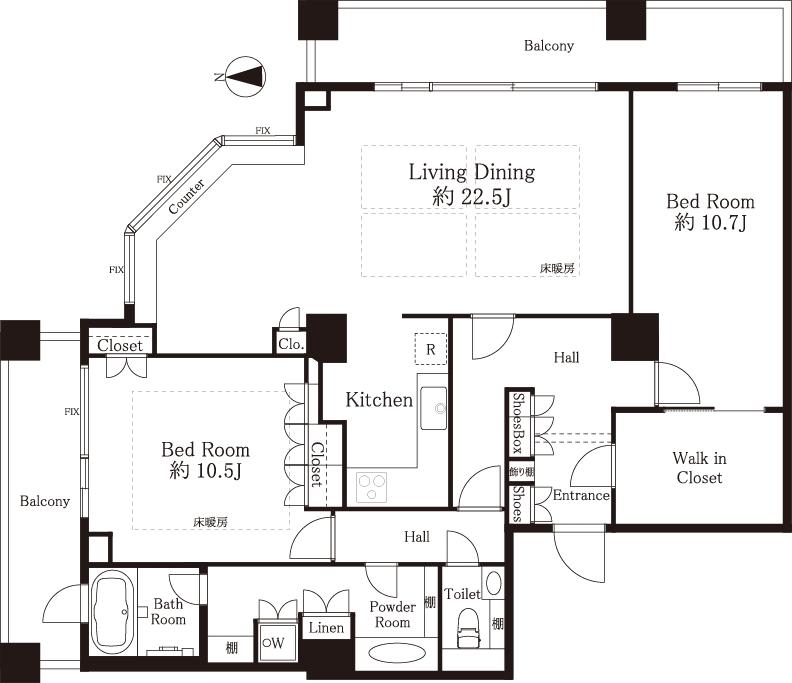 Floor plan. 2LDK, Price 88 million yen, Footprint 124.48 sq m , Balcony area 24.56 sq m floor plan