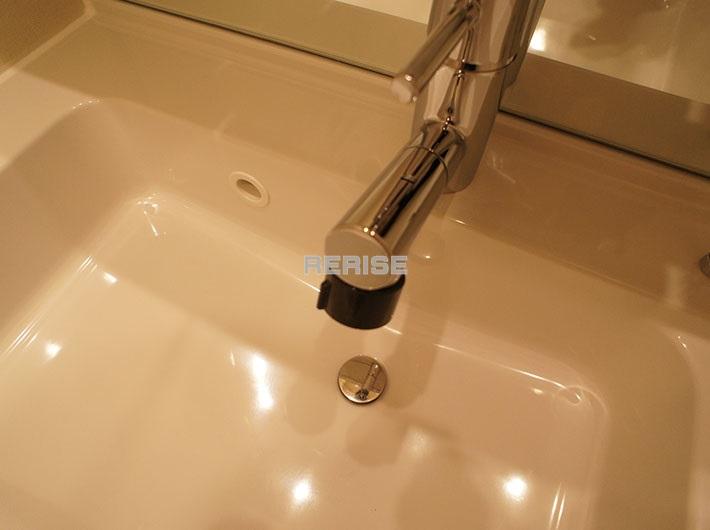 Wash basin, toilet. Basin is a vanity with a shower head