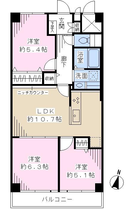 Floor plan. 3LDK, Price 24,990,000 yen, Footprint 61.6 sq m , Balcony area 7.84 sq m