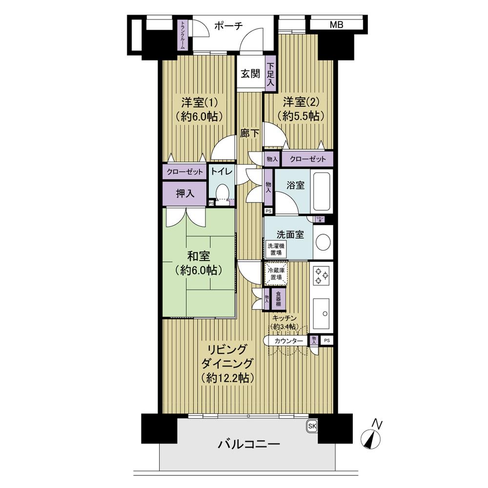 Floor plan. 3LDK, Price 38,800,000 yen, Occupied area 75.87 sq m , Balcony area 11.85 sq m   ■ 75.87m2 ■ 3LDK ■ trunk room ■ disposer ■ Floor heating ■ Slop sink ■ Bathroom ventilation dryer ■ 24-hour ventilation