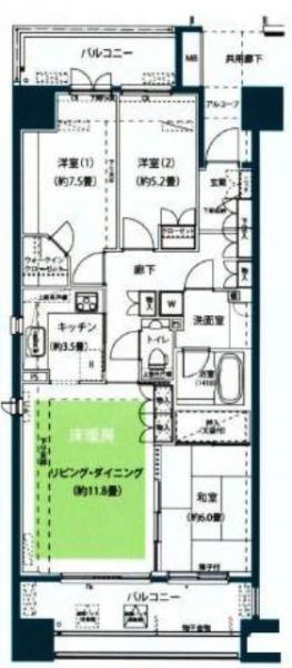 Floor plan. 3LDK, Price 62 million yen, Occupied area 80.24 sq m , Balcony area 18.4 sq m
