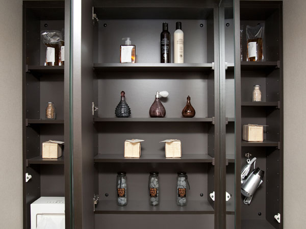 Bathing-wash room.  [Large three-sided mirror (tissue paper storage ・ Dryer hook)] Set up a convenient large three-sided mirror in the housing, such as cosmetics and accessories. Also provided, such as tissue paper storage and dryer hook, You can keep a beautiful vanity around.