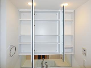 Wash basin, toilet. The back of the three-sided mirror is storage space.