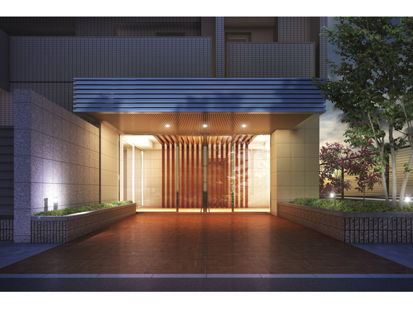 Shared facilities.  [Sophisticated urban entrance facade] To accent the lush greenery on both sides using a high-level sense of drifting tile and stone in the chic, Entrance strike a melt together facade to one and the city with a restless, It produces a suitable dignity and glossy in the city (entrance Rendering /  ※ Which was raised drawn based on drawing, In fact a slightly different.  ※ Tree species planted in the site ・ For the size of the, It has become unsettled, No attempt has been made to grow to about Rendering at the time of completion. Also planting does not indicate the status of a particular season)