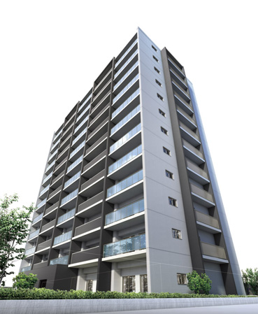 Shared facilities.  [Urbane and sophisticated appearance form and Mongamae is scenic beauty] As keynote monotone, Impressive appearance and stylish design that represents a natural irregularities. Well as the view that the balcony was opened, Also conscious excellent privacy of separated of the adjacent dwelling unit. (Exterior - Rendering /  ※ Which was raised drawn based on drawing, In fact a slightly different.  ※ Tree species planted in the site ・ For the size of the, It has become unsettled, No attempt has been made to grow to about Rendering at the time of completion. Also planting does not indicate the status of a particular season)