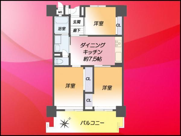 Floor plan. 3DK, Price 27,800,000 yen, Occupied area 60.77 sq m , Balcony area 8.31 sq m